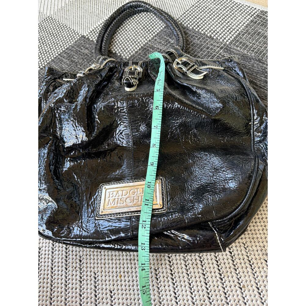 Badgley Mischka Black Patent Leather Handbag Braided Handle Y2K Goth 00s Tote - Picture 5 of 6